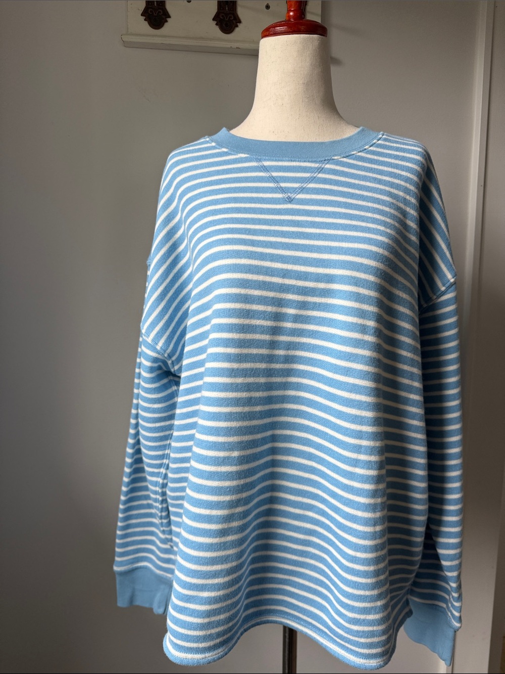 J. Crew Light Blue and White Striped Crewneck Sweater Oversized Cotton Crew